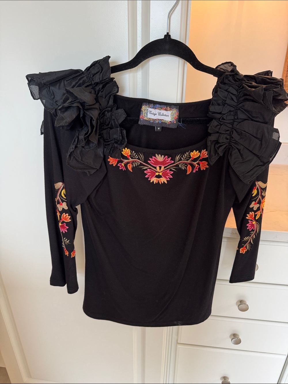 Vintage Collection Black Embroidered Ruffle Shoulder Top